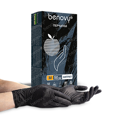 BENOVY Nitrile MultiColor, перчатки нитриловые, черные, M, 50 пар в упаковке